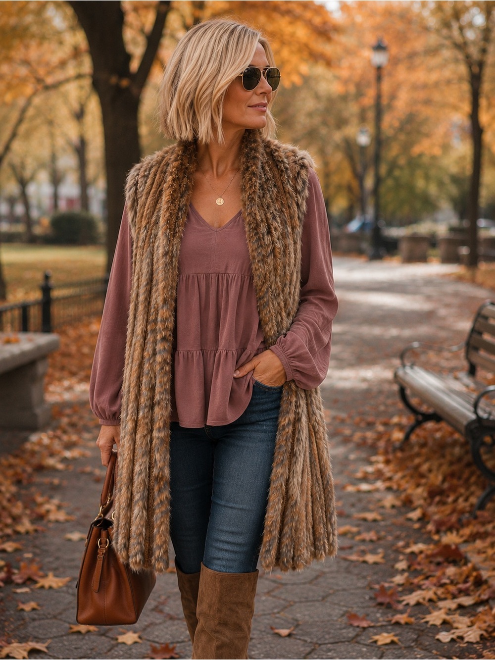 Bagatelle collection medium brown real rabbit fur vest longline duster western